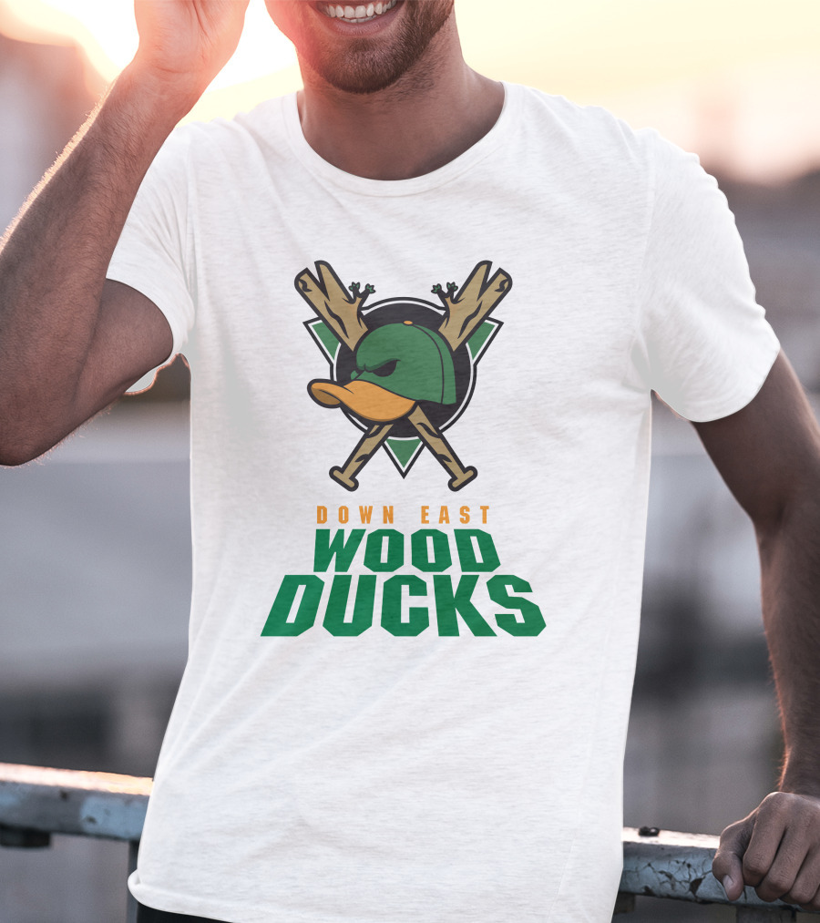 Down East Wood Ducks Baseball Logo With Crossed Bats And Duck Cap T-Shirt