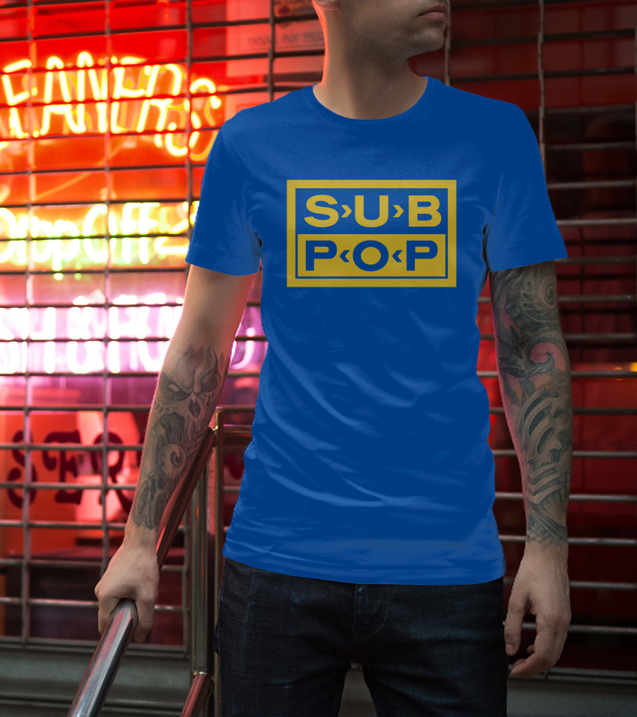 Sub Pop Records Megamart Store Logo Blue Background T-Shirt