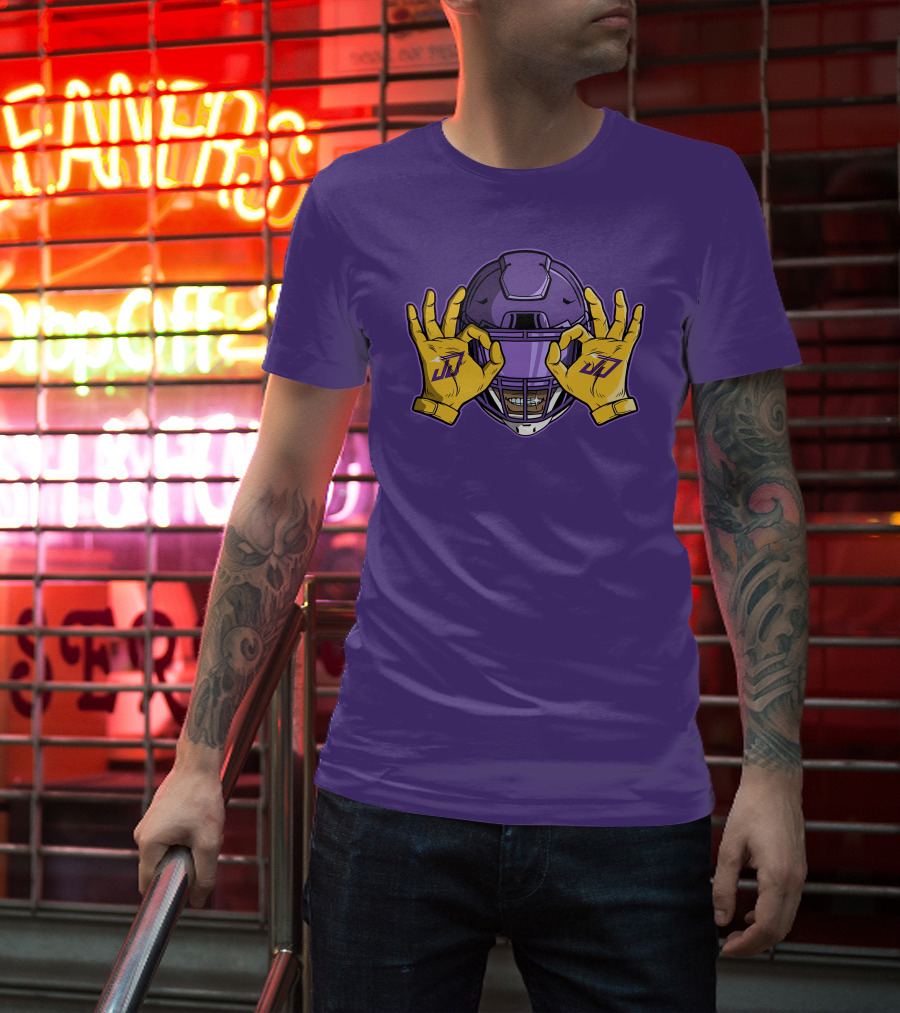 Kevin O’Connell Justin Jefferson Griddy JJ Celebration Viking Helmet Purple Yellow Hands T-Shirt