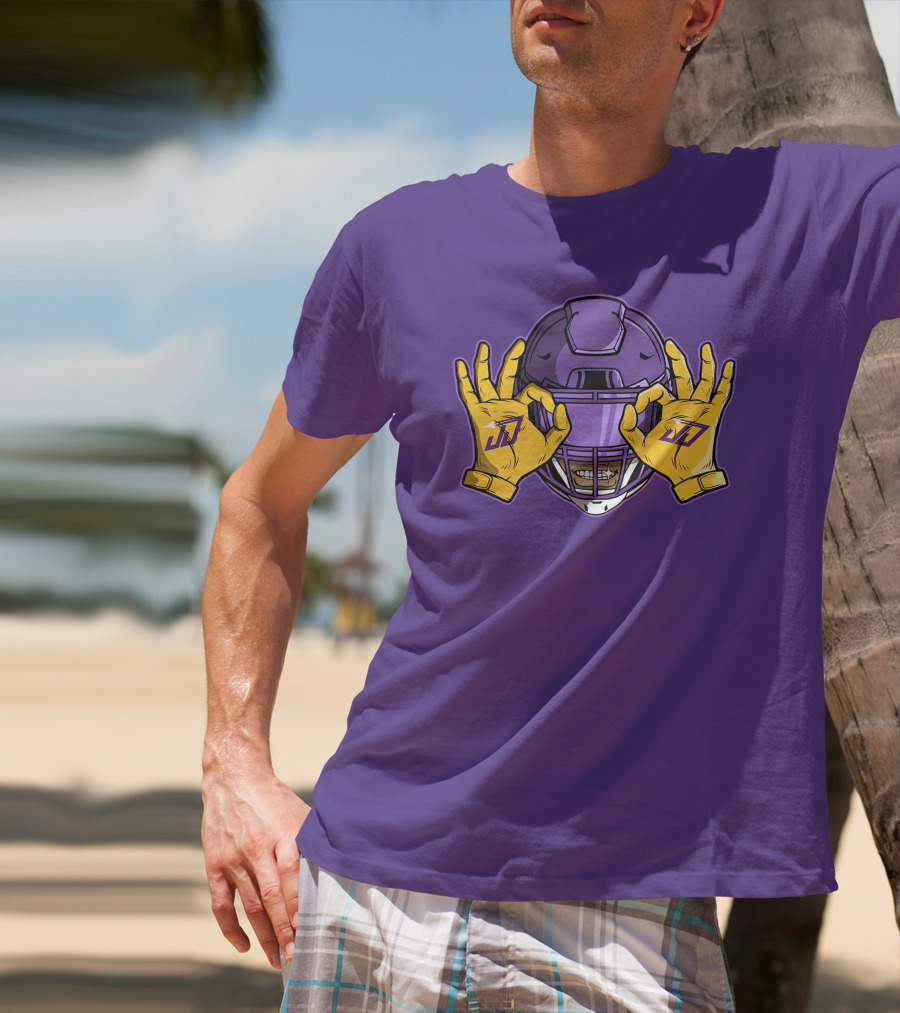 Kevin O’Connell Justin Jefferson Griddy JJ Celebration Viking Helmet Purple Yellow Hands T-Shirt