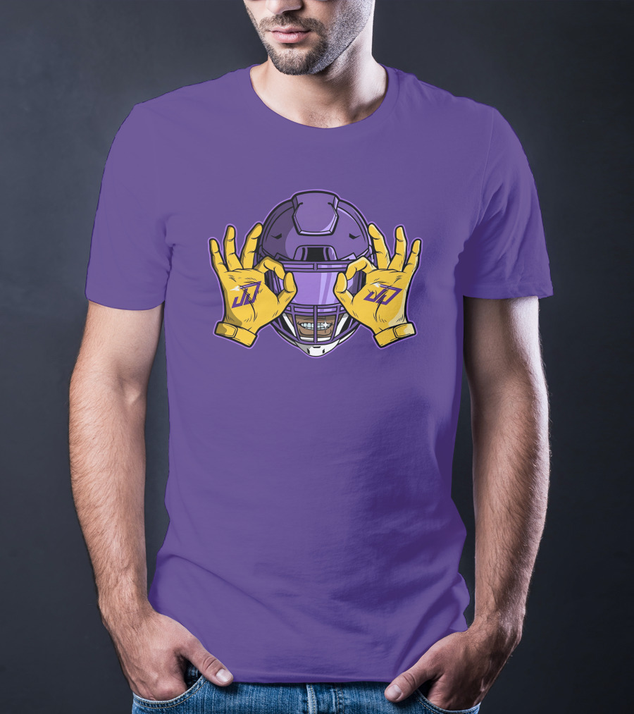 Kevin O’Connell Justin Jefferson Griddy JJ Celebration Viking Helmet Purple Yellow Hands T-Shirt