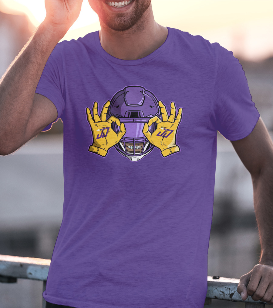 Kevin O’Connell Justin Jefferson Griddy JJ Celebration Viking Helmet Purple Yellow Hands T-Shirt