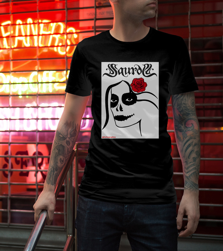 Saurom Cathygraphics Skull Face With Red Rose T-Shirt