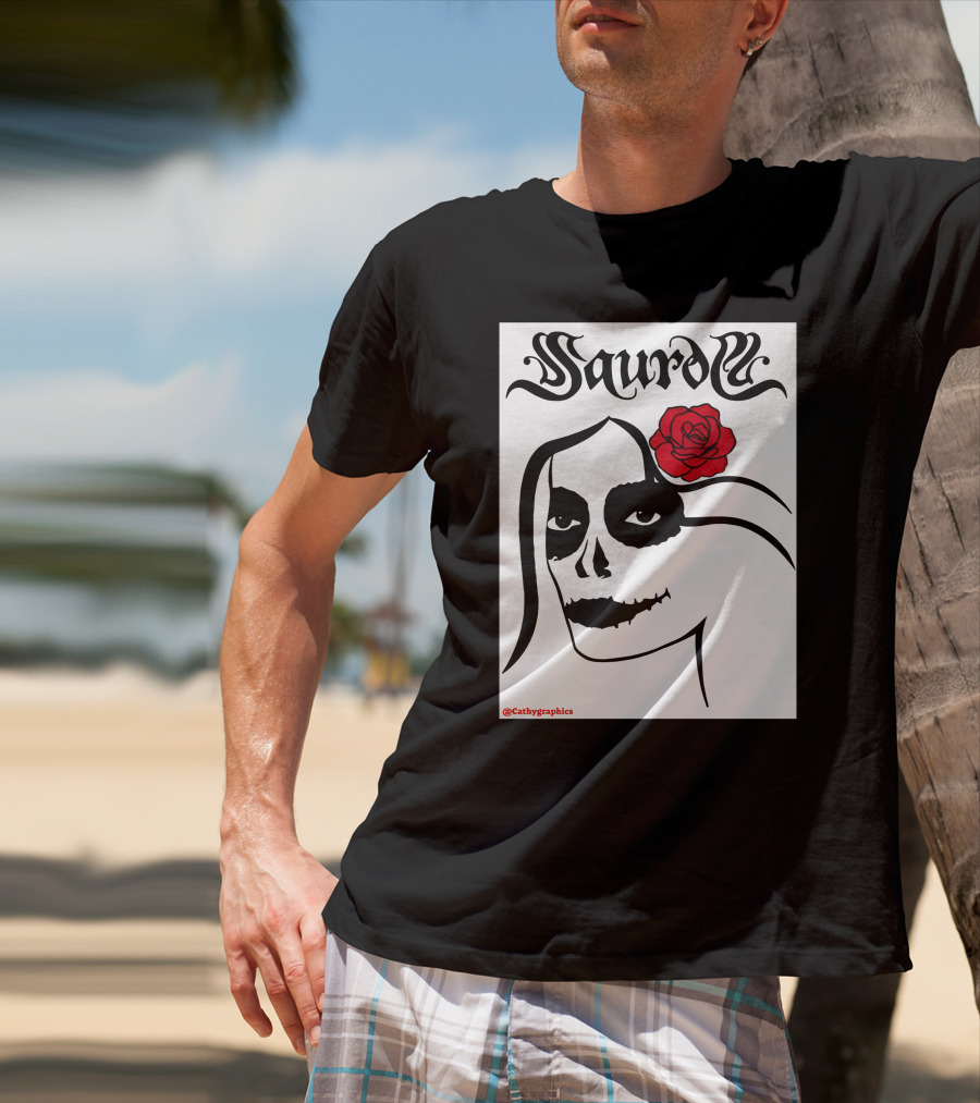 Saurom Cathygraphics Skull Face With Red Rose T-Shirt