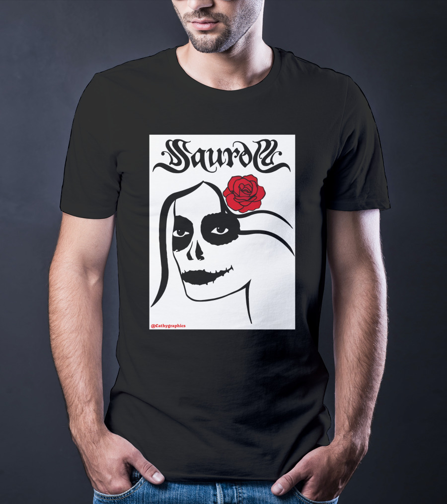Saurom Cathygraphics Skull Face With Red Rose T-Shirt