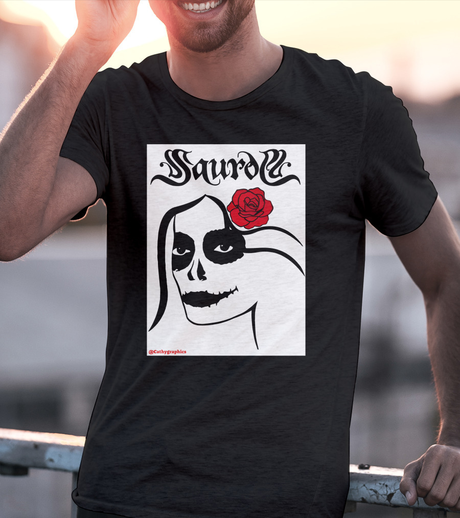 Saurom Cathygraphics Skull Face With Red Rose T-Shirt