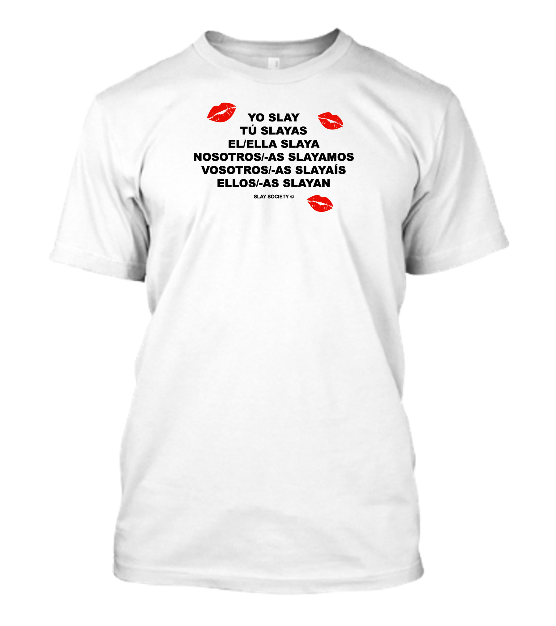 Yo Slay Tú Slayas El Ella Slaya Nosotros As Slayamos Vosotros As Slayaís Ellos As Slayan Slay Society T-Shirt