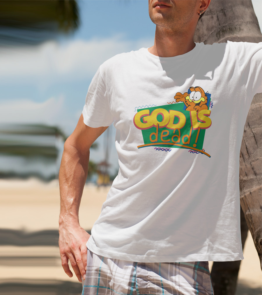 Garfield God Is Dead Comic Style Text With Playful Cartoon Character T-Shirt