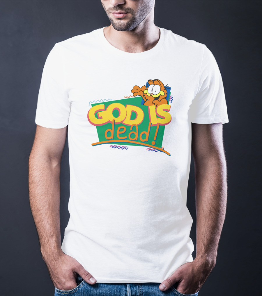 Garfield God Is Dead Comic Style Text With Playful Cartoon Character T-Shirt
