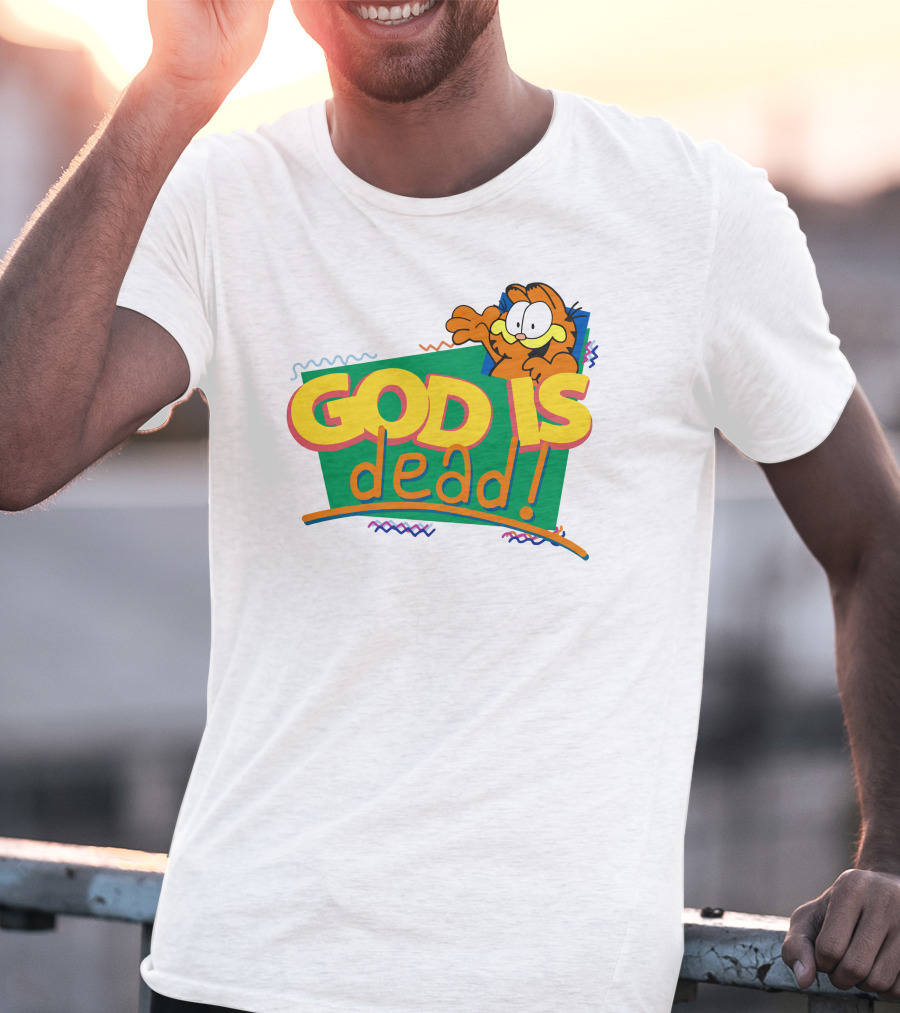 Garfield God Is Dead Comic Style Text With Playful Cartoon Character T-Shirt