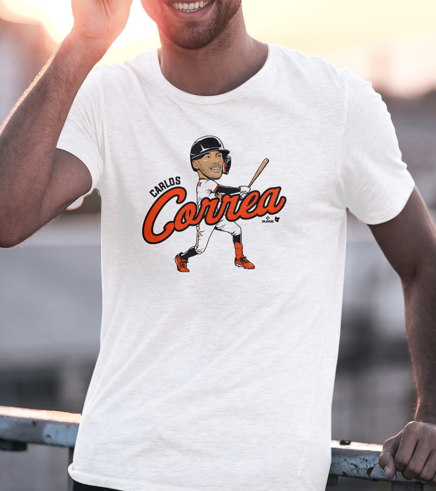 Carlos Correa Caricature Baseball Player Swinging Bat T-Shirt