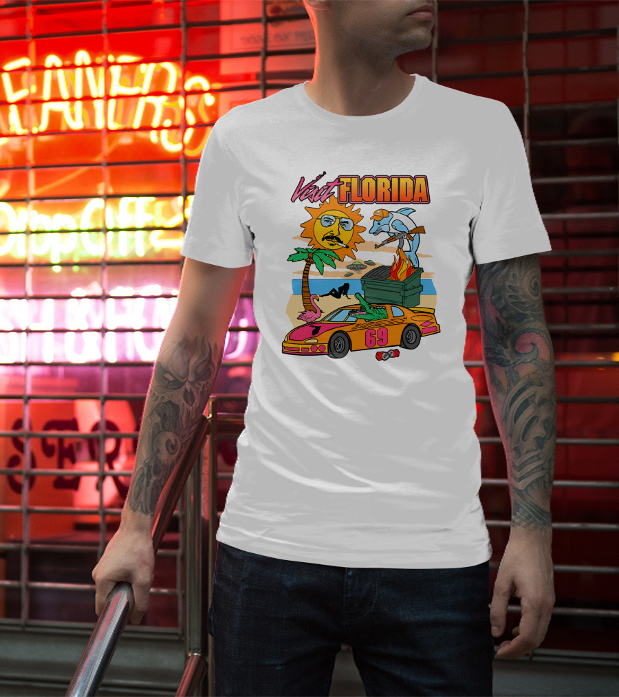 Shithead Steve Merch Visit Florida Flaming Dumpster Racing Car 69 Armed Dolphin Palm Tree Sun Face T-Shirt