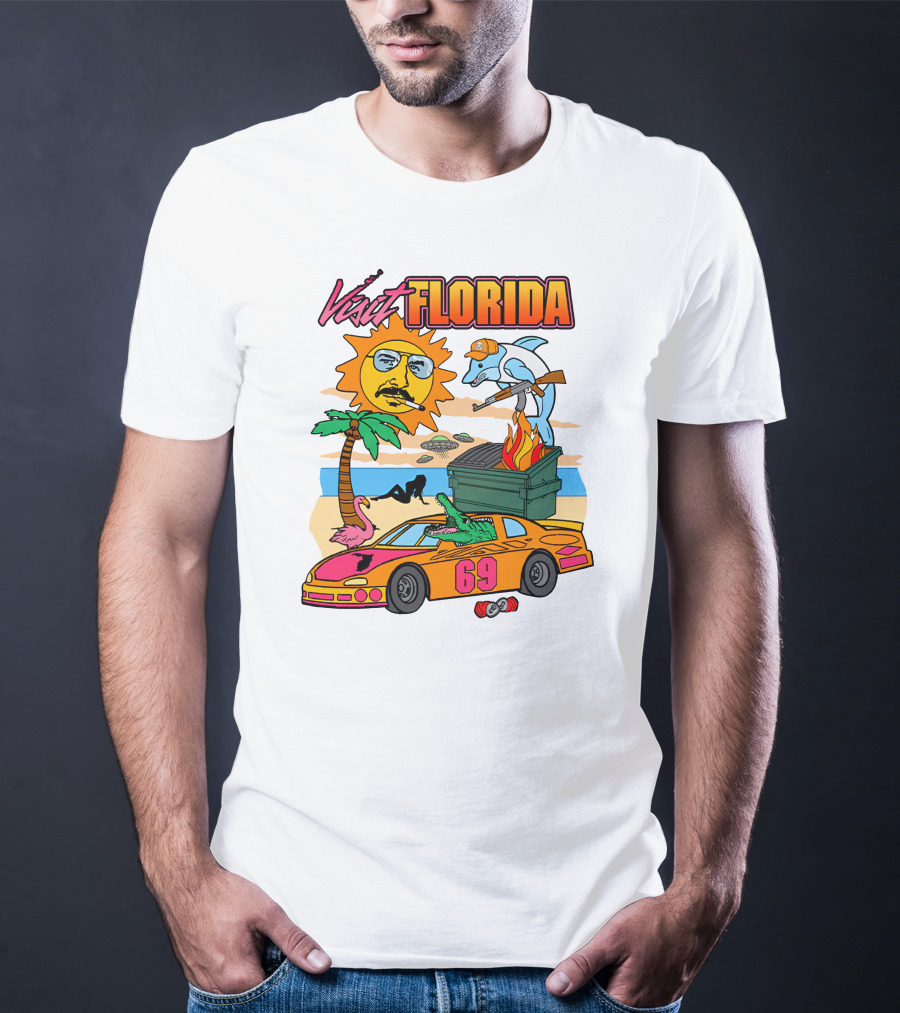 Shithead Steve Merch Visit Florida Flaming Dumpster Racing Car 69 Armed Dolphin Palm Tree Sun Face T-Shirt