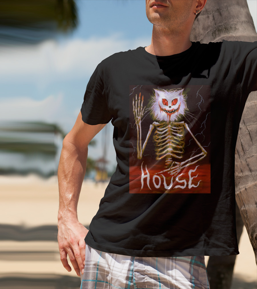 House Skeleton Cat Spirit With Lightning T-Shirt