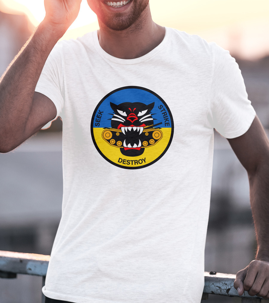 Seek Strike Destroy Panther Emblem With Tank Tracks T-Shirt