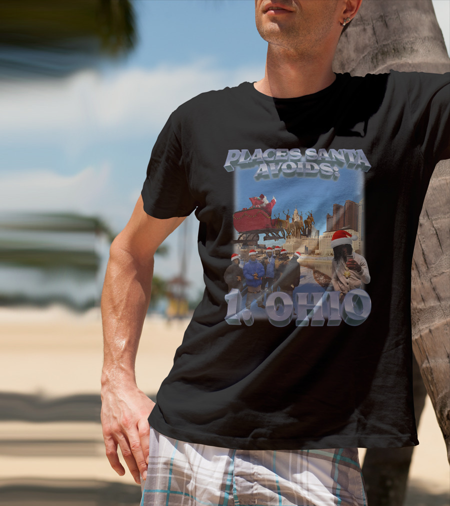 Places Santa Avoids 1 Ohio Santa's Sleigh Reindeer Columbus Skyline T-Shirt