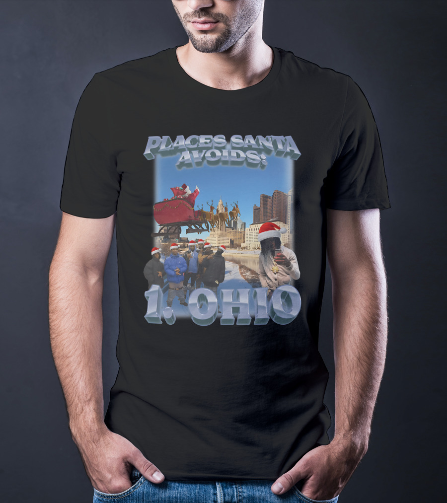 Places Santa Avoids 1 Ohio Santa's Sleigh Reindeer Columbus Skyline T-Shirt