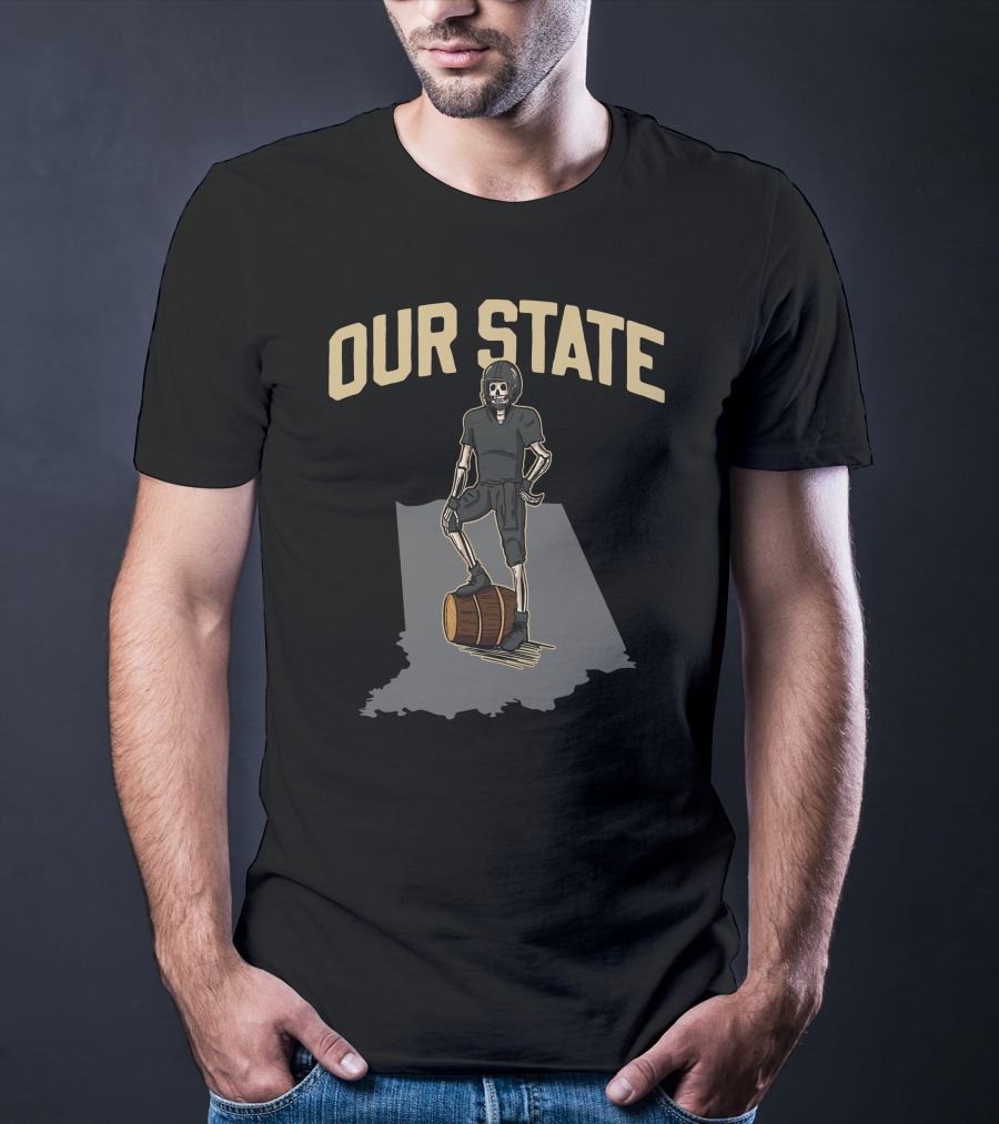 Our State Barstool Boilers Skeleton On Barrel Indiana Shadow T-Shirt