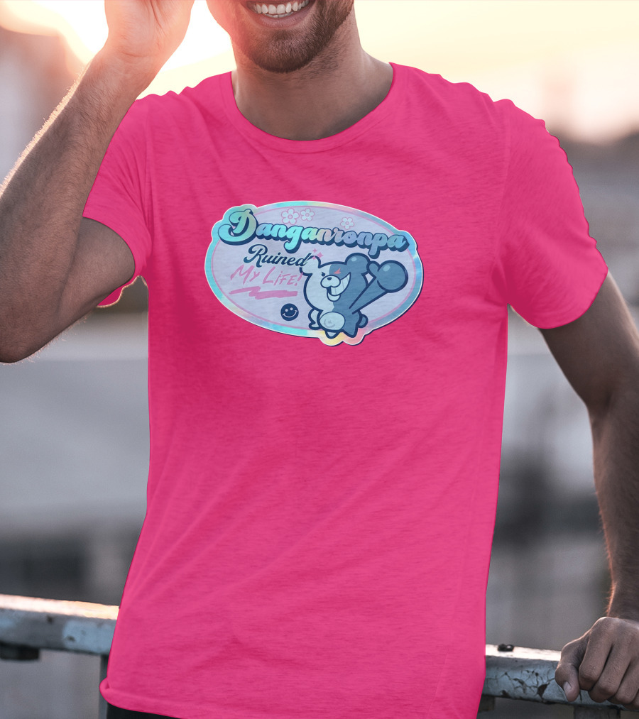 Danganronpa Ruined My Life Monokuma Smiley Pink Flowers T-Shirt