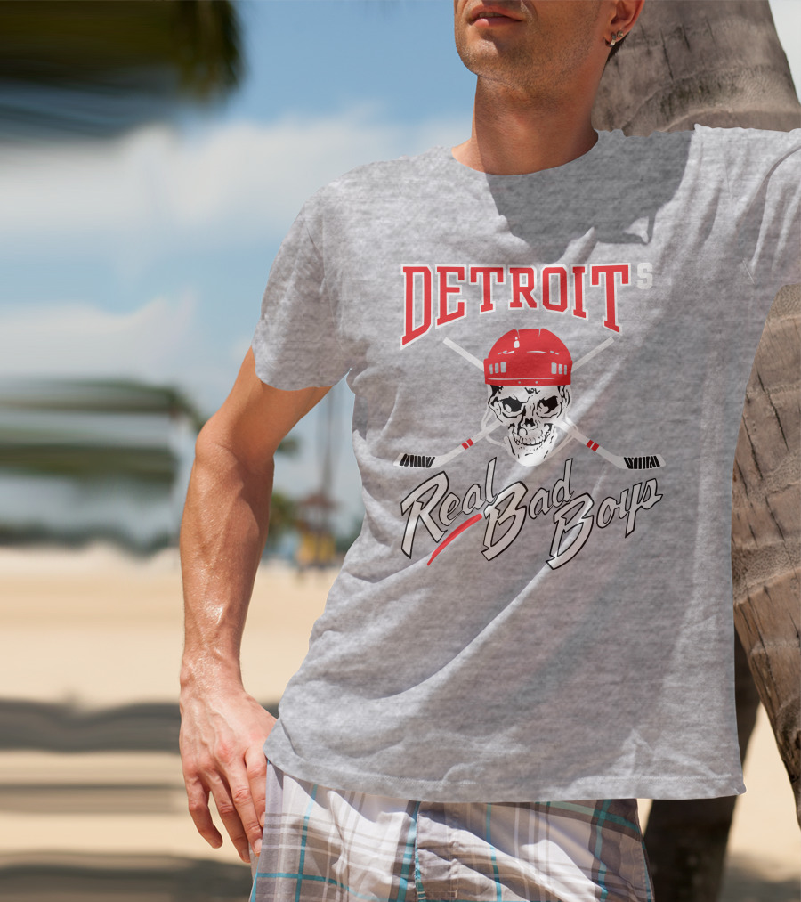 Detroit Real Bad Boys Skull With Hockey Helmet And Crossed Sticks T-Shirt
