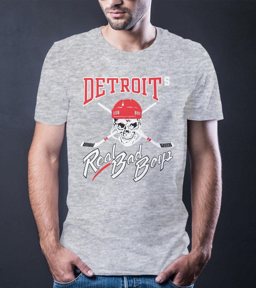Detroit Real Bad Boys Skull With Hockey Helmet And Crossed Sticks T-Shirt