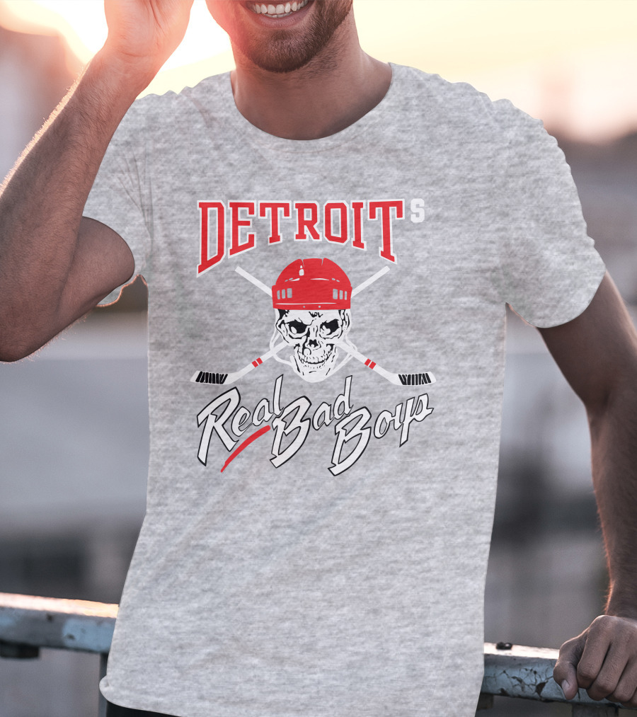 Detroit Real Bad Boys Skull With Hockey Helmet And Crossed Sticks T-Shirt