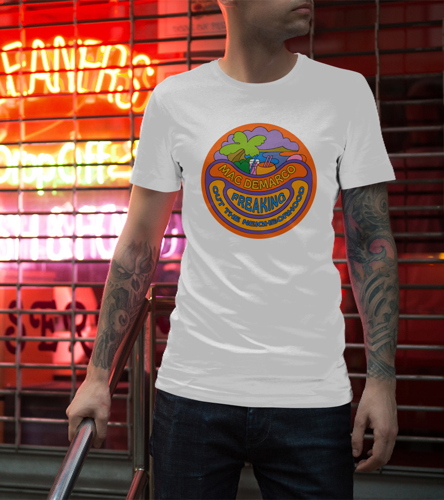 Mac Demarco Freaking Out The Neighborhood Colorful Retro Design With Beach And Palm Tree Elements T-Shirt