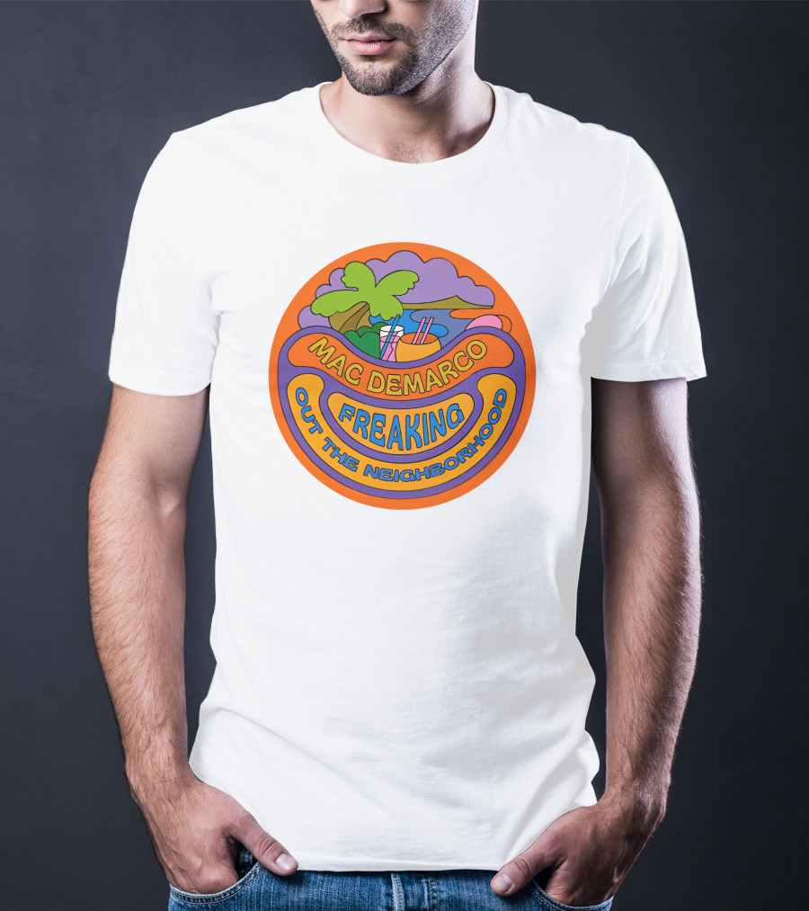 Mac Demarco Freaking Out The Neighborhood Colorful Retro Design With Beach And Palm Tree Elements T-Shirt