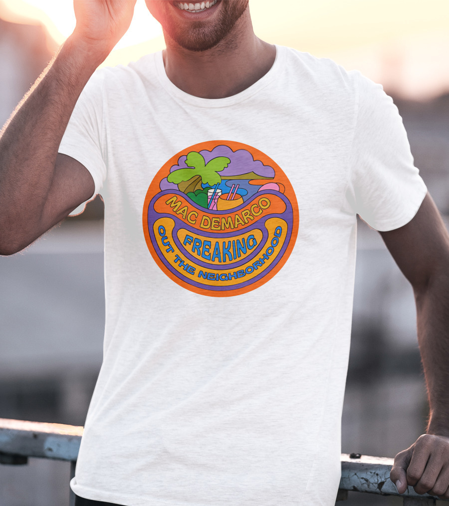 Mac Demarco Freaking Out The Neighborhood Colorful Retro Design With Beach And Palm Tree Elements T-Shirt