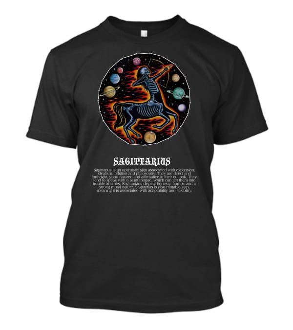 Sagittarius Idealism Religion Philosophy Honesty Humor Zodiac Skeleton Planets T-Shirt