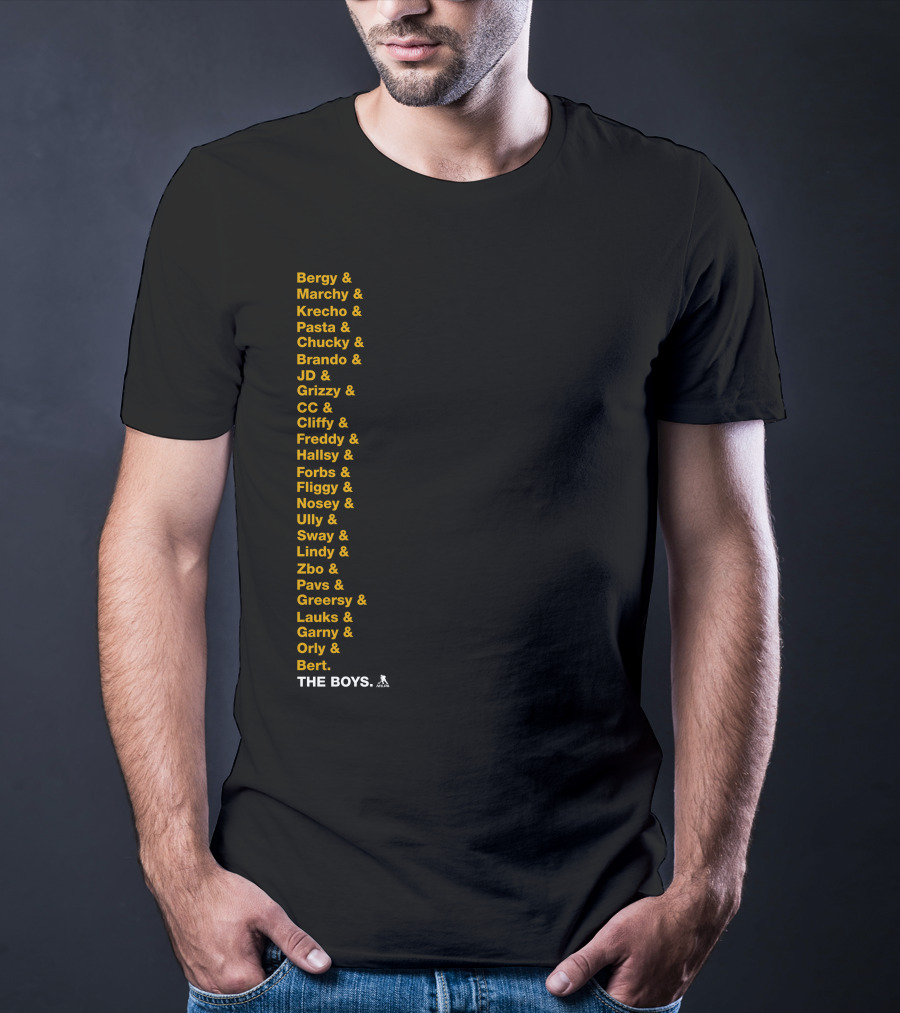 Bergy Marchy Krecho Pasta Chucky Brando JD Grizzy CC Cliffy Freddy Hallsy Forbs Fliggy Ully Nosey Sway Lindy Zbo Pavs Greersy Lauks Garny Orly Bert THE BOYS T-Shirt