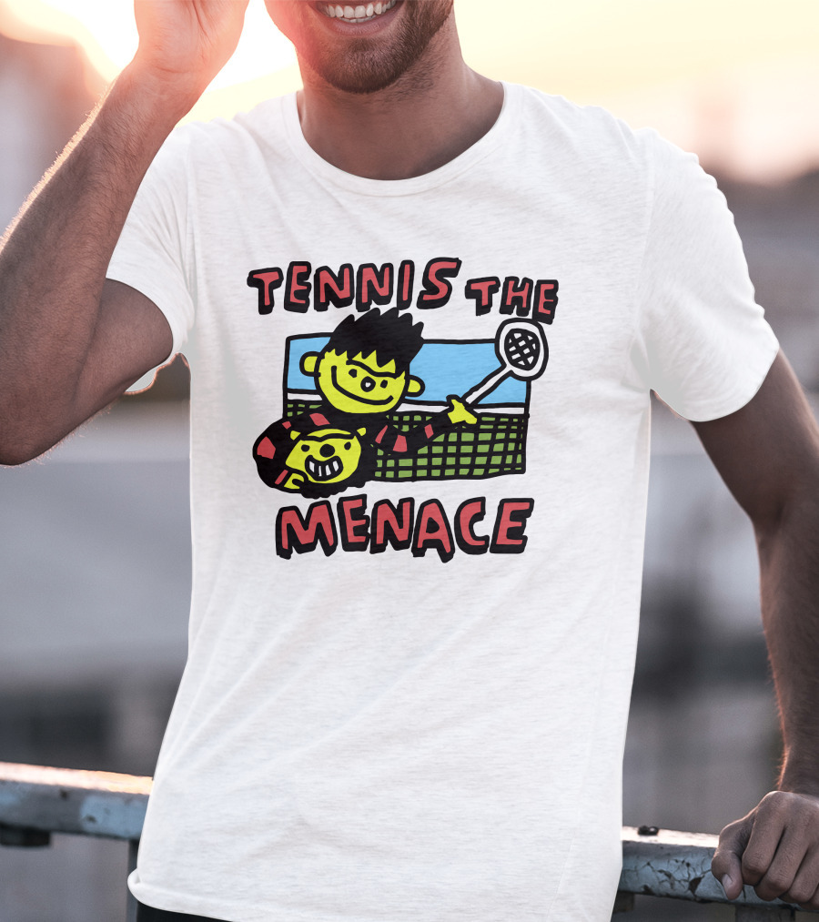 Tennis The Menace Comic Style Tennis Player With Racket T-Shirt