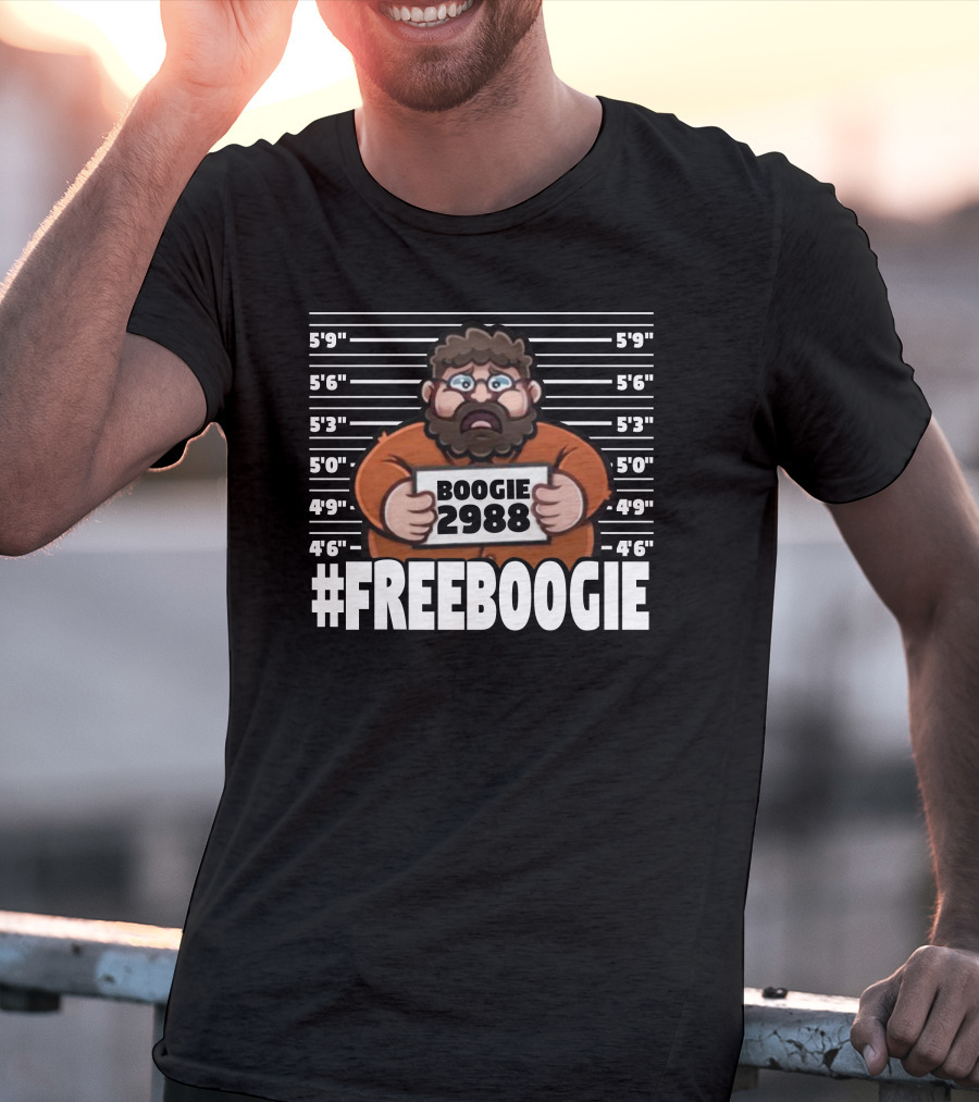 Boogie2988 Mugshot Cartoon With #Freeboogie Text And Height Chart T-Shirt