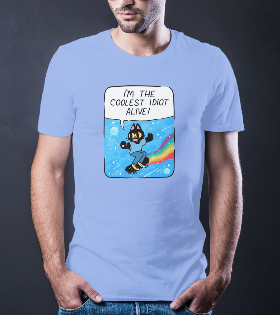 Mollyjohnt I'm The Coolest Idiot Alive Skateboarding Cat With Rainbow Trail T-Shirt