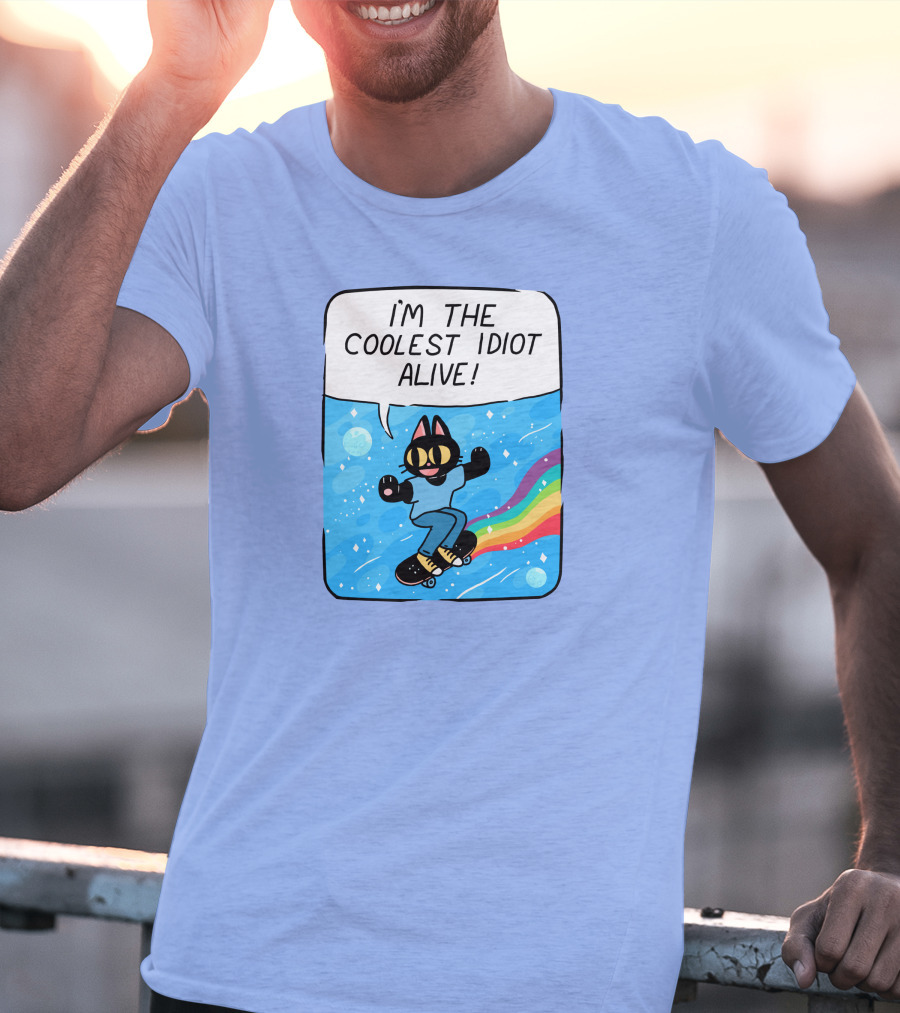 Mollyjohnt I'm The Coolest Idiot Alive Skateboarding Cat With Rainbow Trail T-Shirt