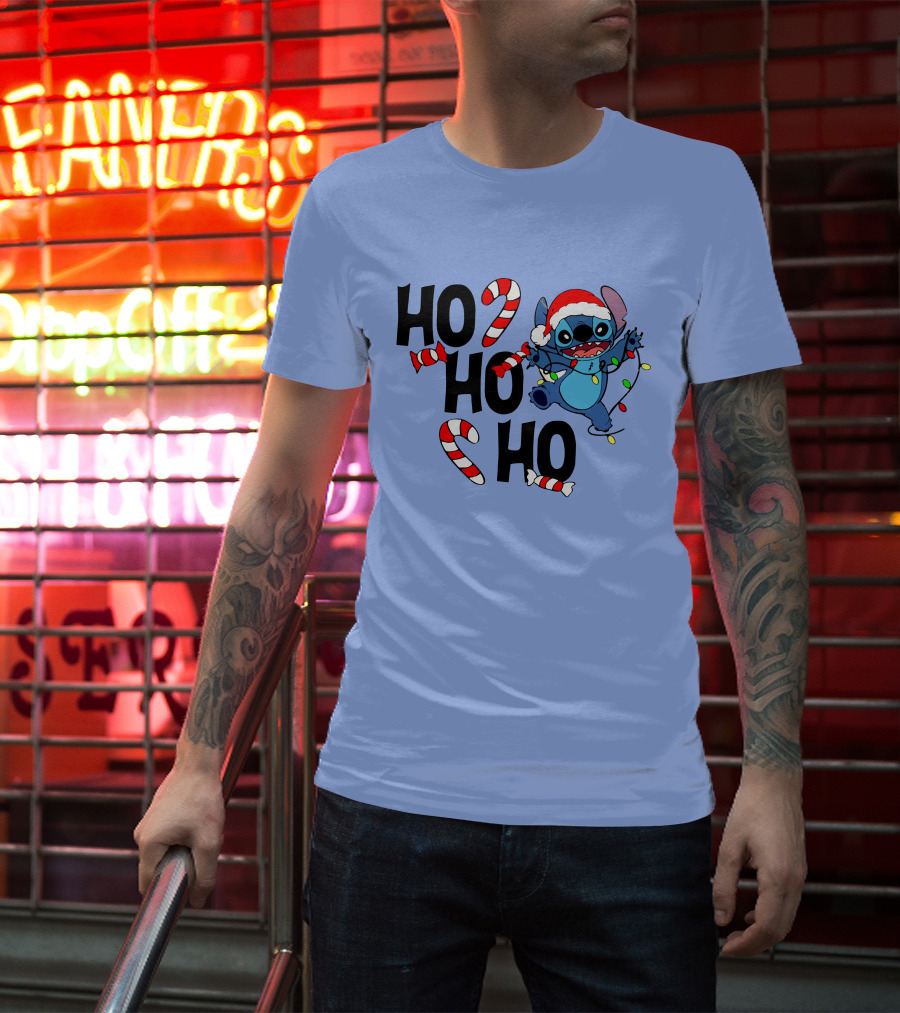 Stitch Ho Ho Ho Christmas Lights And Candy Canes T-Shirt
