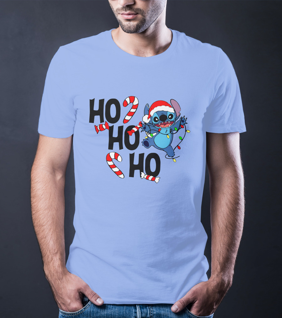 Stitch Ho Ho Ho Christmas Lights And Candy Canes T-Shirt