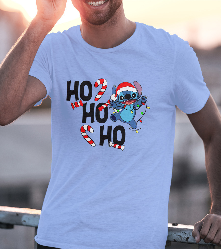 Stitch Ho Ho Ho Christmas Lights And Candy Canes T-Shirt