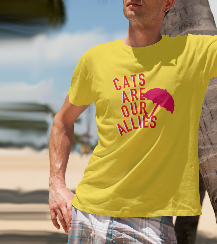 Jortsthecat Cats Are Our Allies Red Umbrella Yellow Background T-Shirt