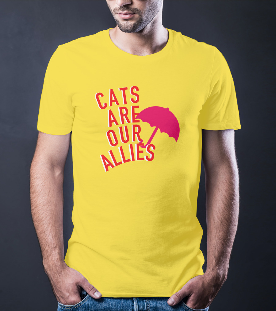 Jortsthecat Cats Are Our Allies Red Umbrella Yellow Background T-Shirt