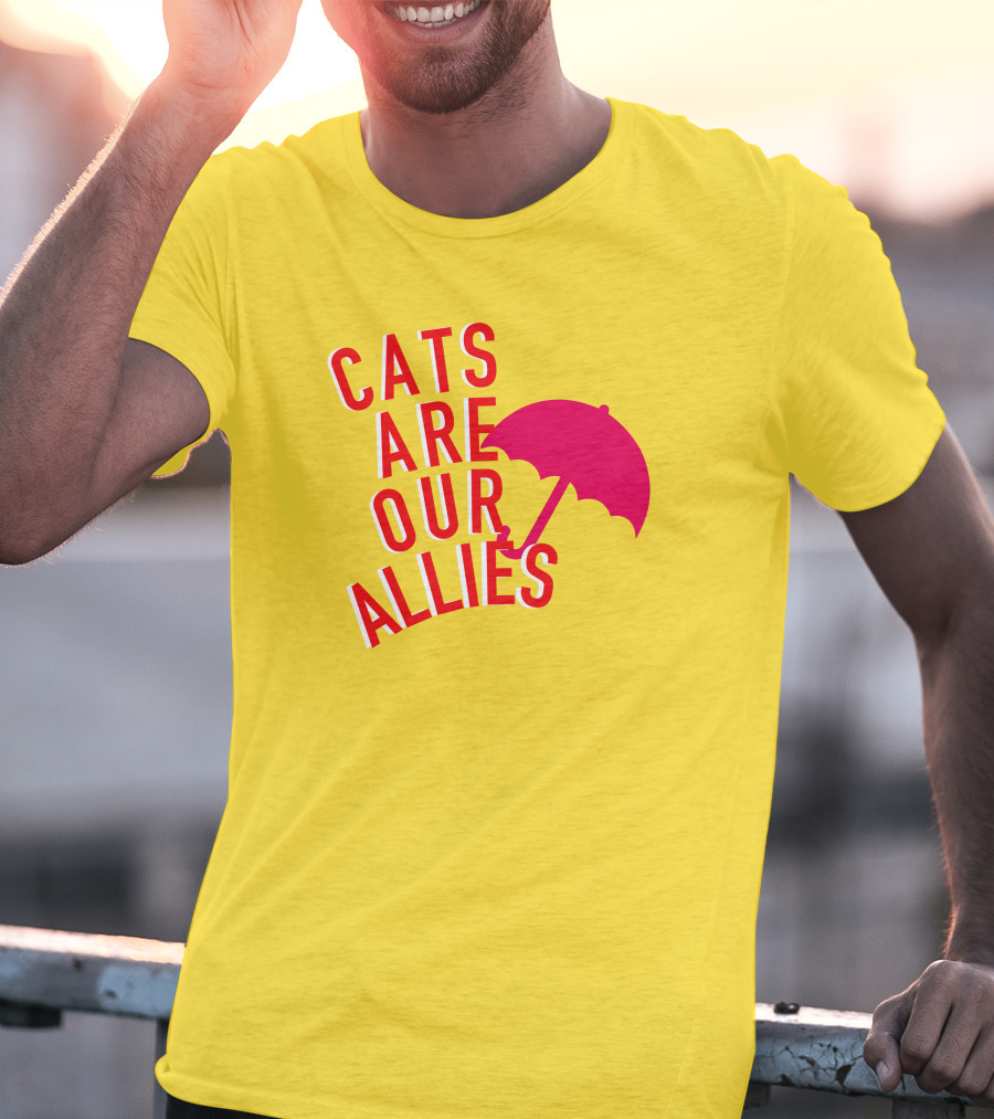 Jortsthecat Cats Are Our Allies Red Umbrella Yellow Background T-Shirt
