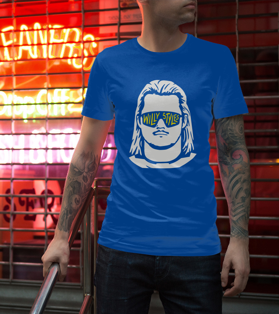 Willy Styles Sunglasses Graphic Blue Background T-Shirt