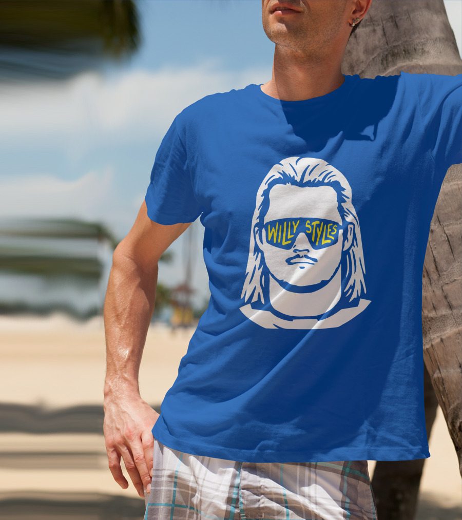 Willy Styles Sunglasses Graphic Blue Background T-Shirt