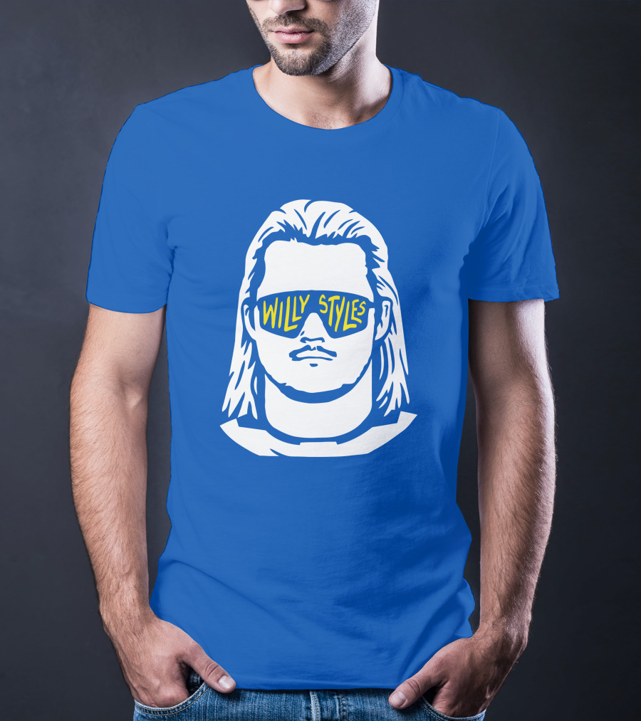 Willy Styles Sunglasses Graphic Blue Background T-Shirt