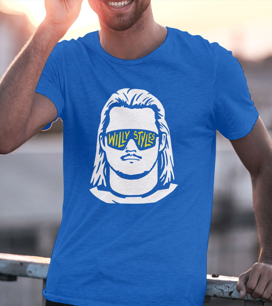 Willy Styles Sunglasses Graphic Blue Background T-Shirt