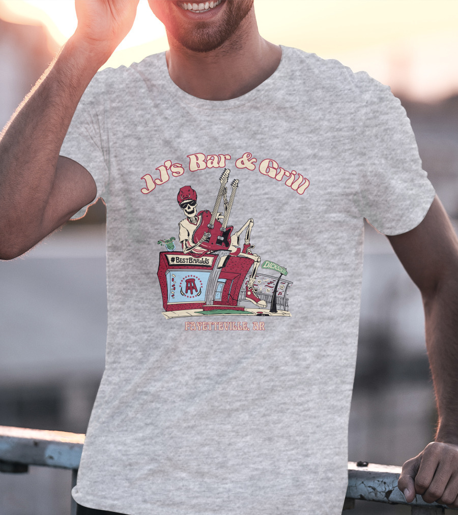 JJ's Bar And Grill Fayetteville AR Best Barstools Skeleton Playing Guitar T-Shirt