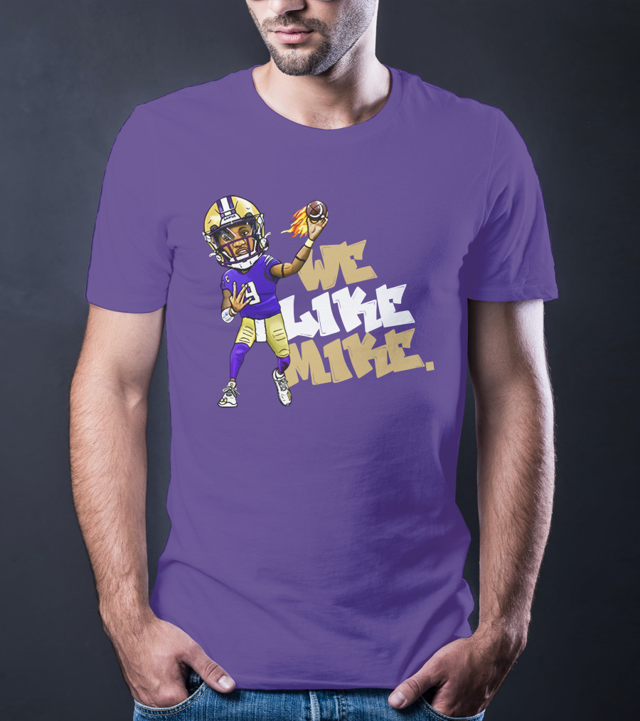 We Like Mike Football Character In Purple And Gold Gear Holding Flaming Ball T-Shirt