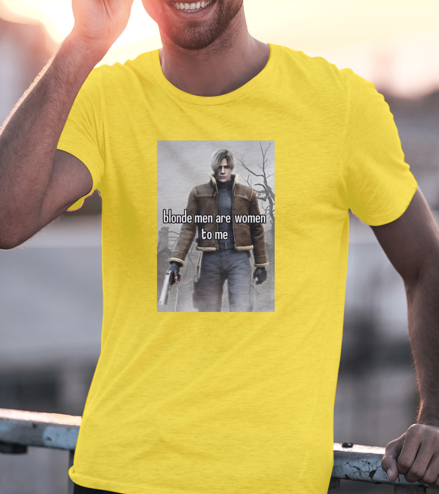 Blonde Men Are Women To Me Resident Video Game Character Brown Jacket Gun T-Shirt