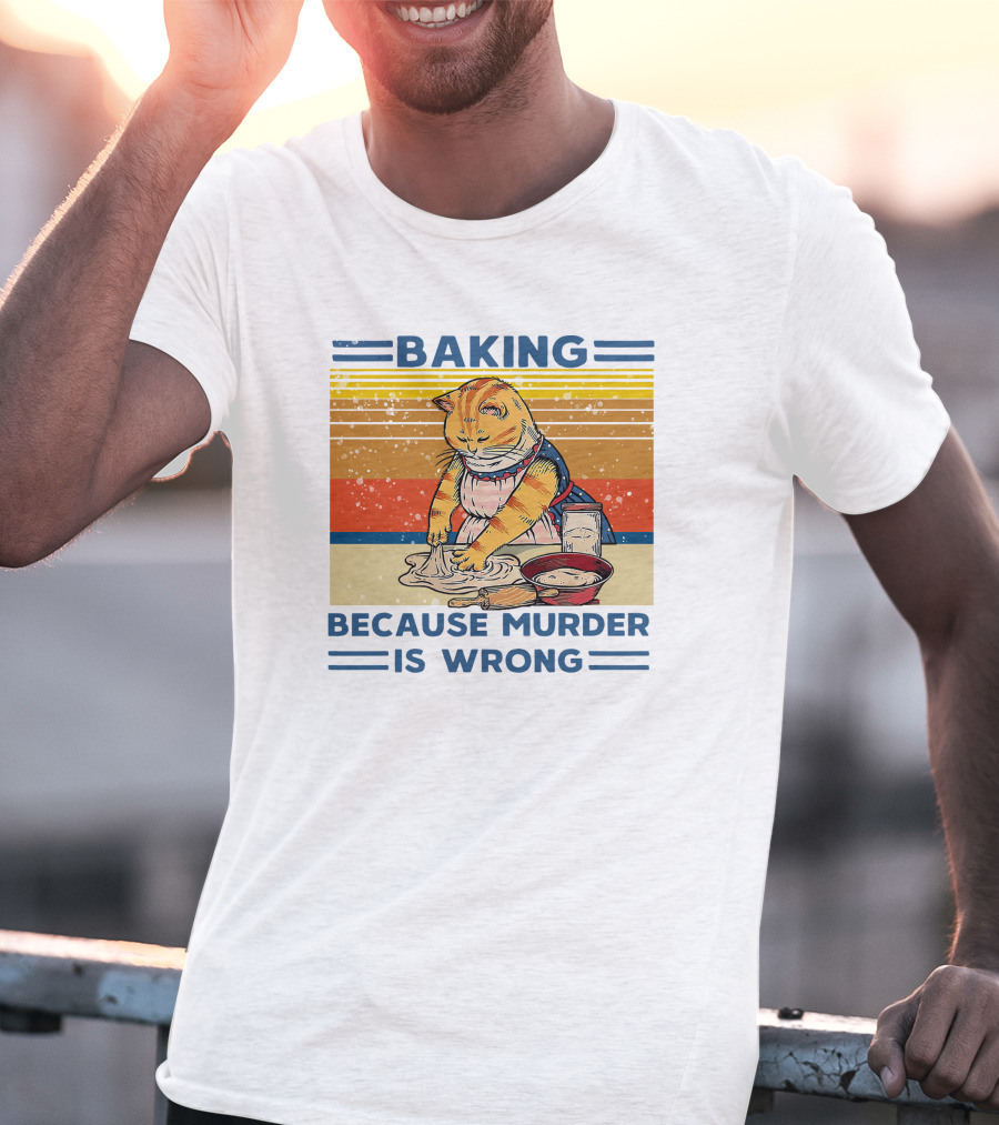 Baking Because Murder Is Wrong Cat Retro Style Nigel Simmonds T-Shirt
