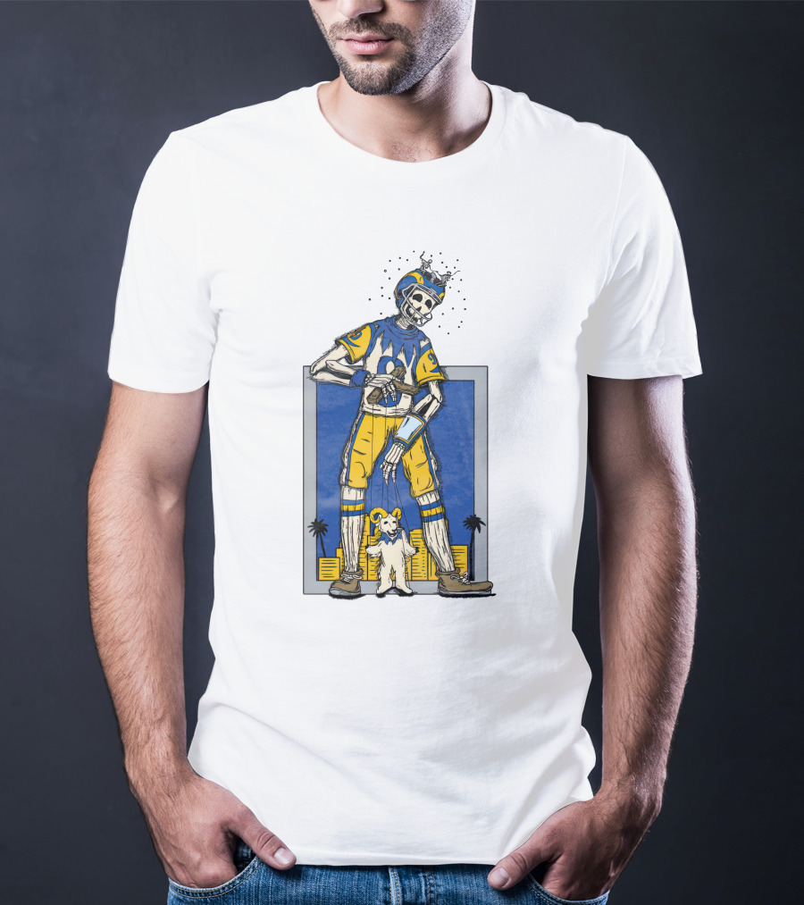 LA Skeleton Football Player Blue Gold Dog Helmet Cityscape T-Shirt